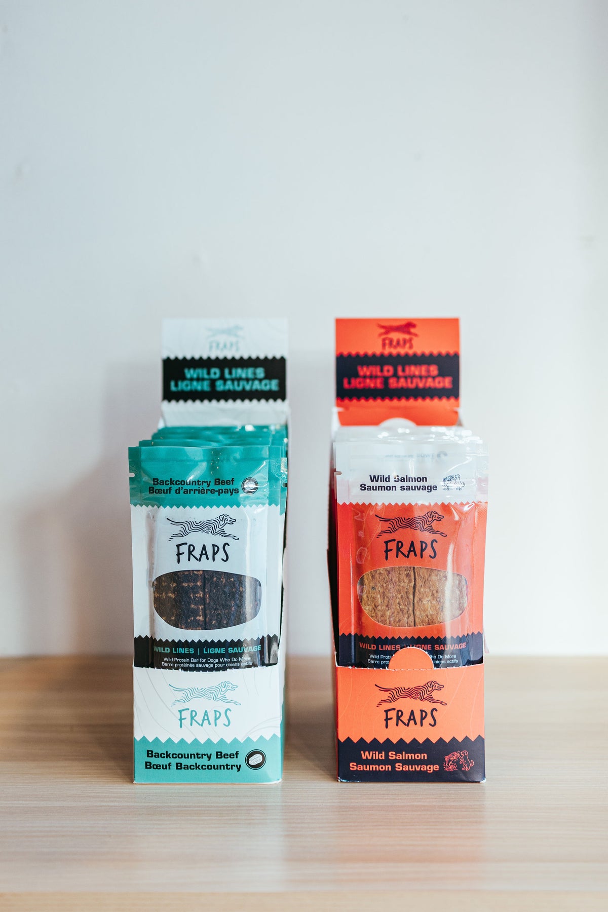 FRAPS Backcountry Beef and Wild Salmon display cartons, front view