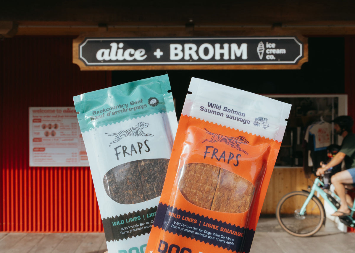 FRAPS Wild Salmon and Backcountry Beef bars outside Alice + Brohm, Squamish