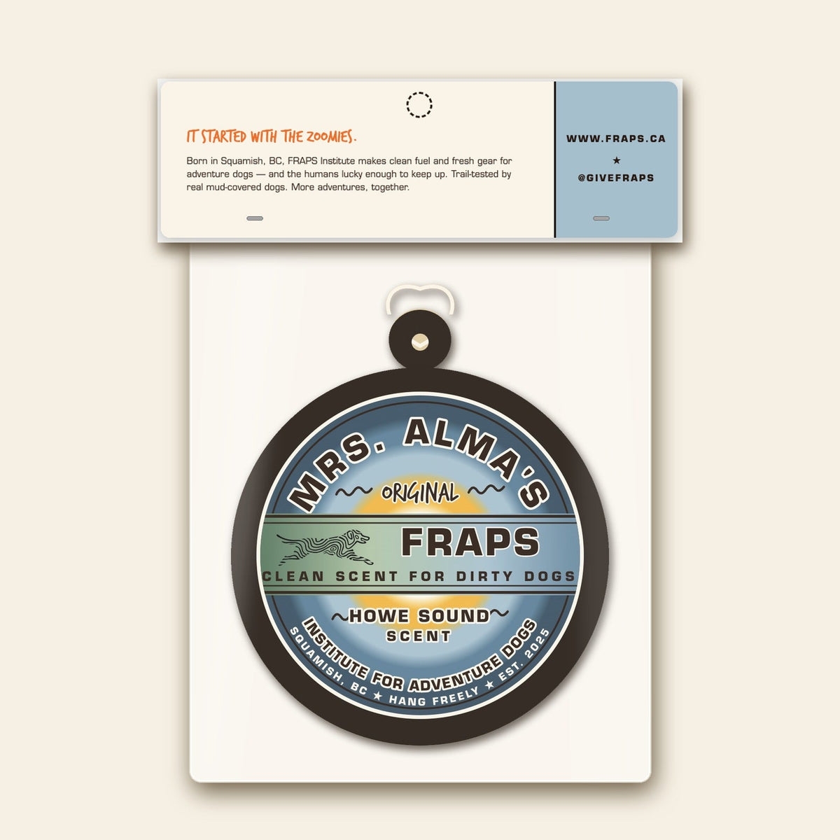 Mrs. Alma's Howe Sound air freshener, packaging back